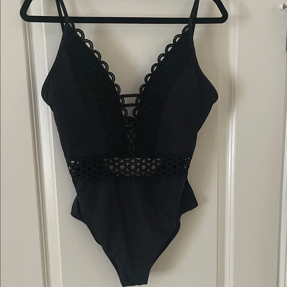 BECCA Black Scallop Lace One Piece Swimsuit